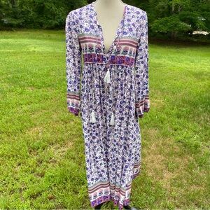 R VIVIMOS DRESS MIDI WHITE BLUE FLORAL BOHO TIE TASSEL NECK SIZE XS